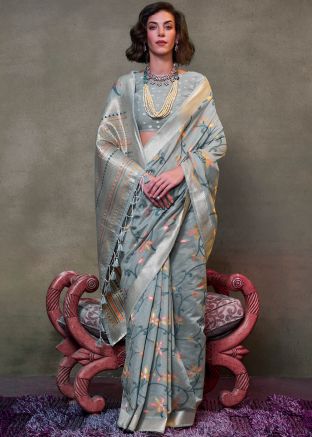 Grey Woven Border Cotton Saree