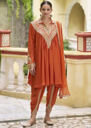 Orange Embroidered Dhoti Salwar Suit In Chiffon