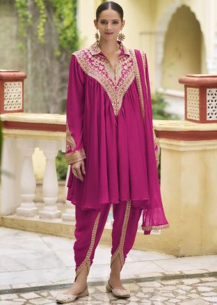 Pink Embroidered Dhoti Suit Set In Chiffon