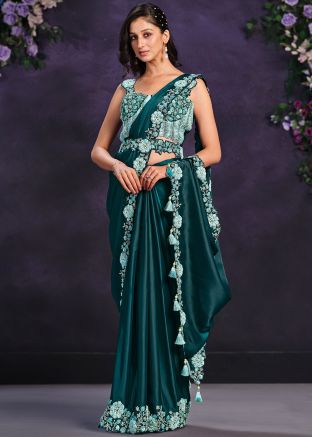 Green Pre-Stitched Sequins Embroidered Saree