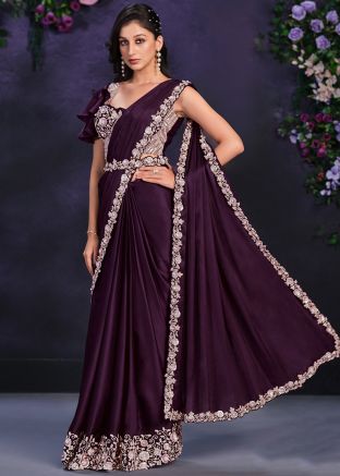 Purple Pre-Stitched Embroidered Saree