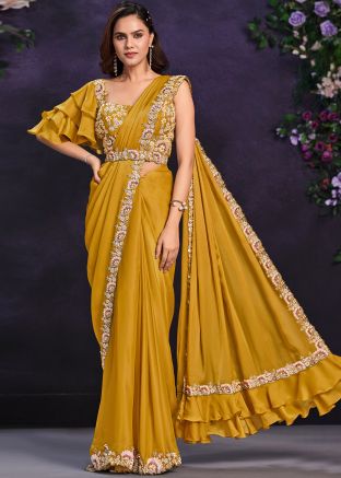 Yellow Pre-Stitched Embroidered Saree