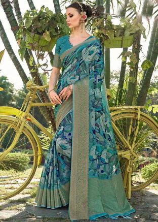 Blue Printed Saree In Silk