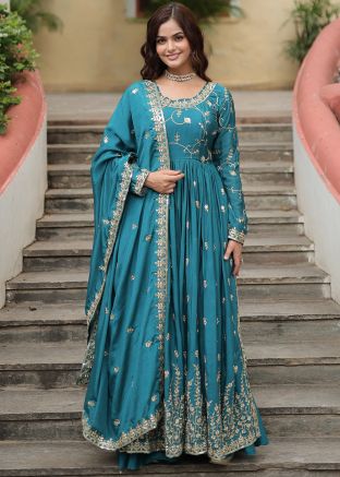 Readymade Blue Embroidered Sharara Suit In Chiffon