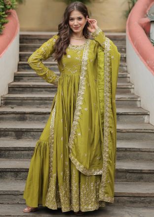 Readymade Green Embroidered Chiffon Sharara Suit