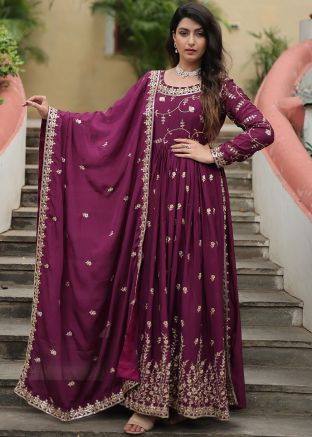 Readymade Wine Embroidered Chiffon Sharara Suit