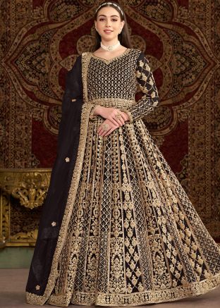 Black Zari Embroidered Abaya Style Suit In Net