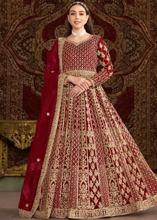 Maroon Zari Embroidered Net Abaya Style Suit