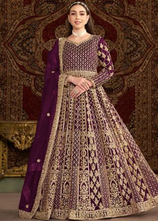 Purple Embroidered Net Abaya Style Suit