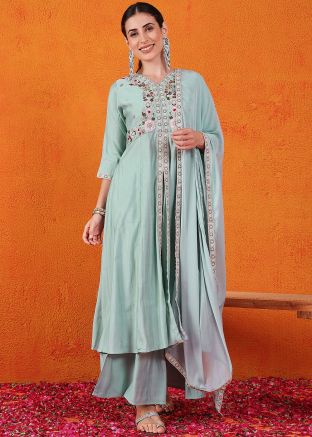 Blue Embroidered Silk Salwar Suit Set