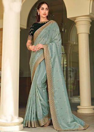 Blue Embroidered Saree In Silk
