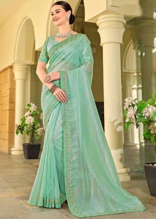 Green Embroidered Saree In Silk