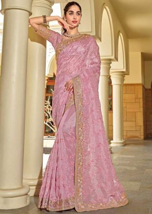 Pink Embroidered Saree In Silk