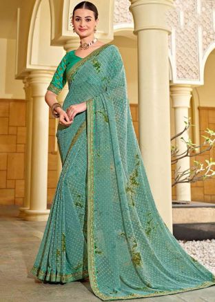 Green Embroidered Saree In Silk