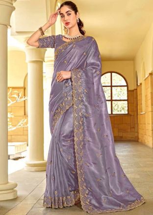 Purple Embroidered Saree In Silk