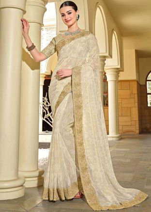 Cream Embroidered Saree In Silk