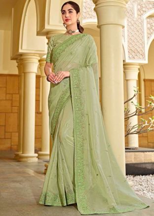 Green Embroidered Saree In Silk