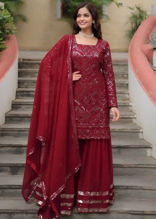 Maroon Readymade Embroidered Sharara Suit In Georgette