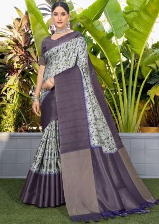 Grey Printed Saree In Art Silk