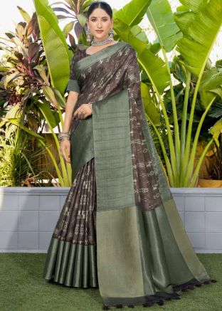 Brown Printed Saree In Art Silk