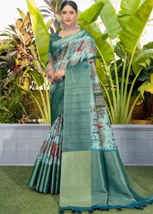 Blue Art Silk Saree In Printed Work