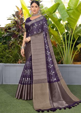 Purple Printed Work Art Silk Saree