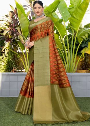 Orange Printed Work Art Silk Saree