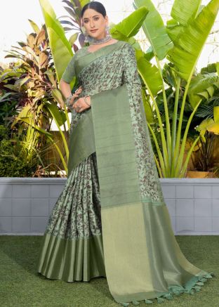Green Art Silk Saree In Print