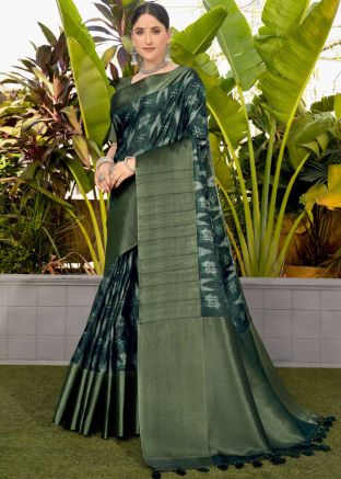 Dark Green Printed Saree With Blouse