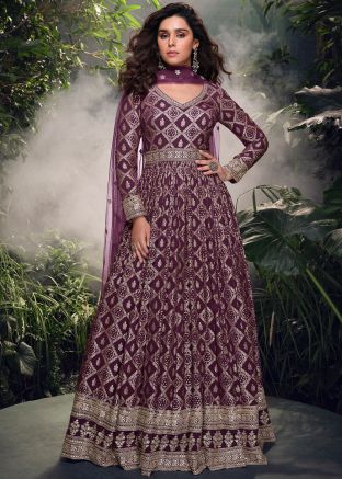 Readymade Purple Zari Woven Abaya Style Suit