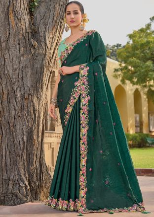 Bottle Green Embroidered Border Organza Saree