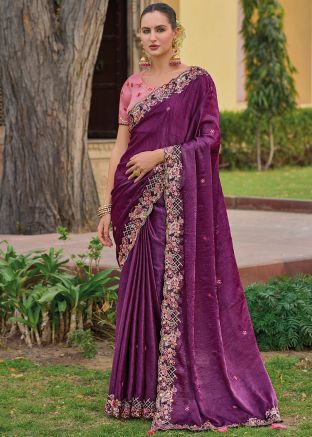 Purple Embroidered Saree In Organza