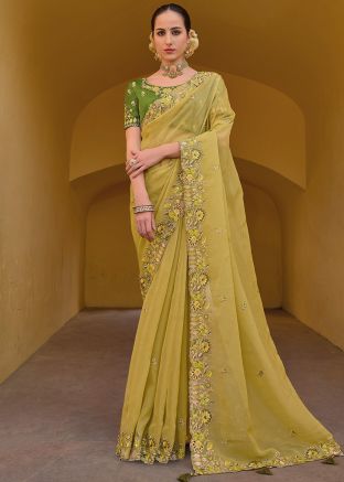 Yellow Embroidered Border Organza Saree