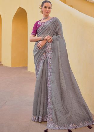 Grey Organza Saree With Embroidered Border