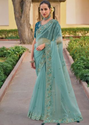 Light Blue Saree In Thread Embroidery