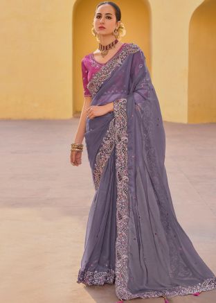 Purple Embroidered Organza Saree