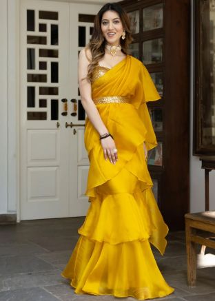Yellow Readymade Ruffled Saree In Organza