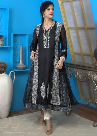 Readymade Black Embroidered Printed Anarkali Suit