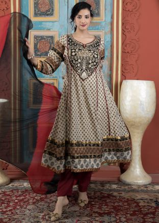 Beige Printed Readymad Anarkali Suit In Art Silk