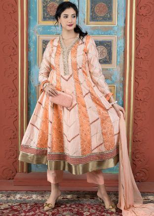 Light Peach Readymade Printed Anarkali Suit In Chanderi