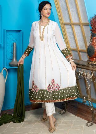 Off White Readymade Laced Georgette Anarkali Suit