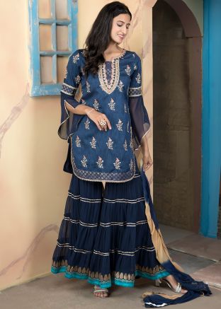 Navy Blue Embroidered Readymade Sharara Suit Set