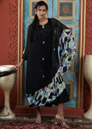Black Readymade Embroidered Kaftan Style Palazzo Suit