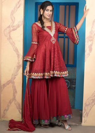 Readymade Maroon  Embroidered Peplum Style Sharara Suit