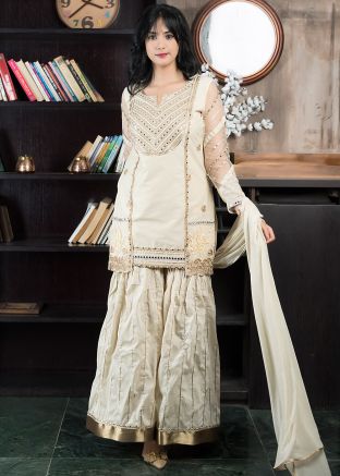 Readymade Beige Mirror Work Sharara Suit In Chanderi