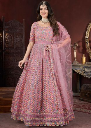 Readymade Pink Embroidered Net Anarkali Suit