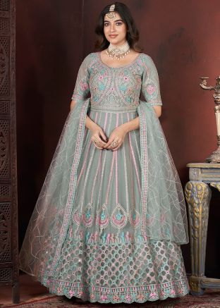 Readymade Grey Embroidered Anarkali Suit In Net