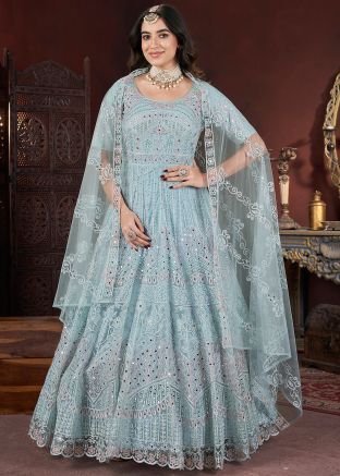 Blue Readymade Embroidered Net Anarkali Suit