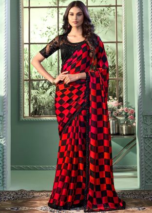 Red Checks Printed Saree In Chiffon