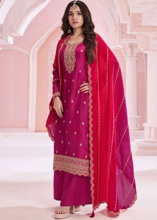 Pink Embroidered Art Silk Palazzo Suit Set